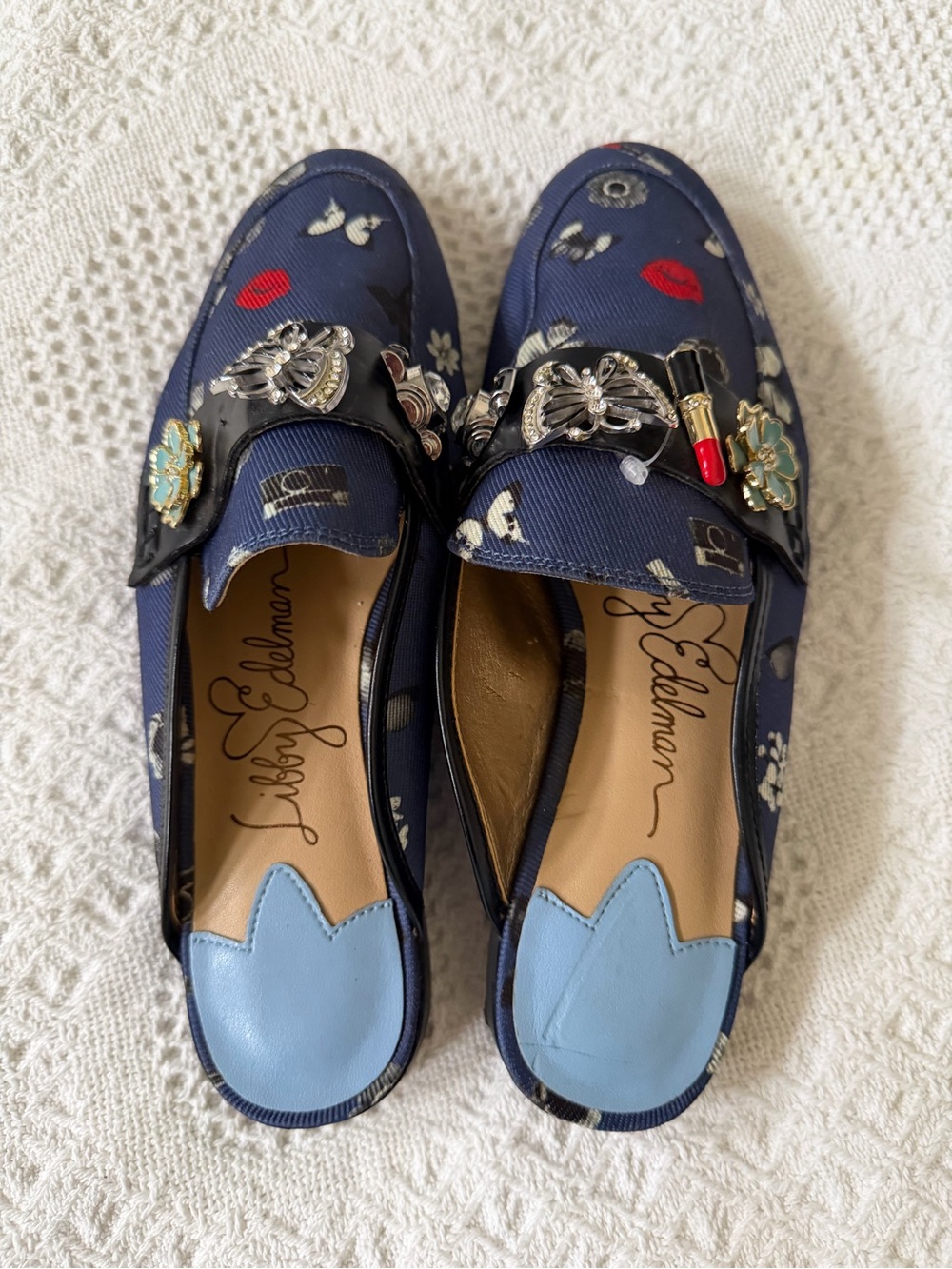 libby. edelman Navy Floral Embellished Backless Mules